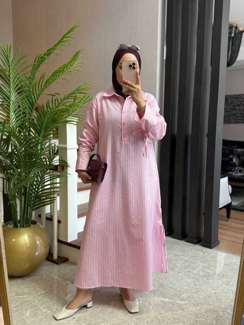 قميص مقلم طويل ومريح T-7064