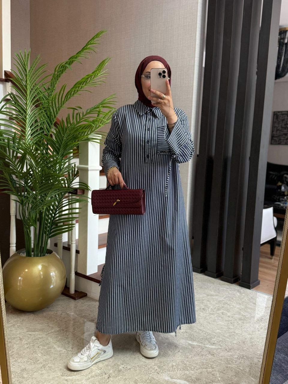 قميص مقلم طويل ومريح T-7064